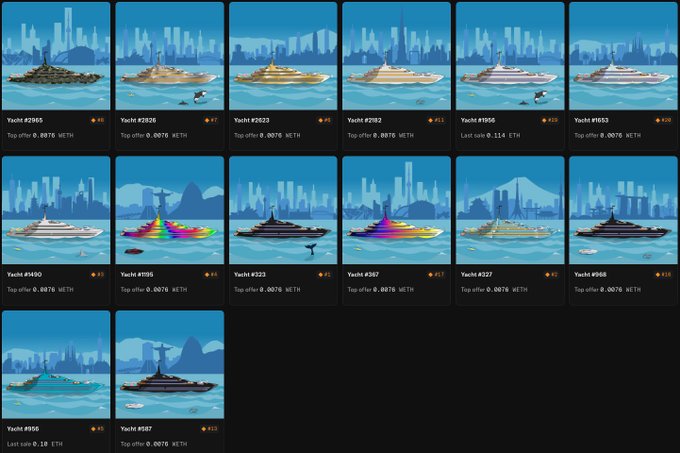 A grid of digital yacht NFTs displayed for sale, each showing a stylized yacht illustration with labels like 'Yacht #2965', 'Top offer: 0.8976 WETH', and similar pricing details in ETH.