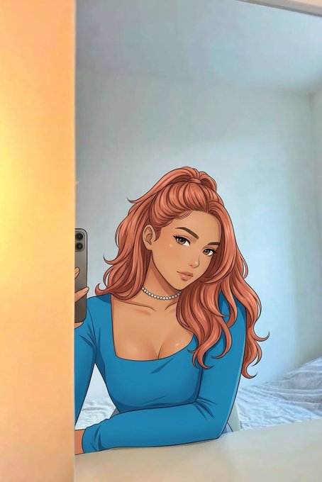 An anime-style digital illustration of a young woman with wavy pinkish-brown hair taking a mirror selfie in a blue top while holding a smartphone.