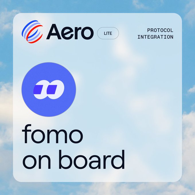 A promotional graphic featuring the "Aero LITE" logo with "PROTOCOL INTEGRATION" text in the upper right announces that tokens are now "fomo on board," visually reinforcing the announcement that all Aero Lite tokens are tradable on the Fomo platform via Arc.