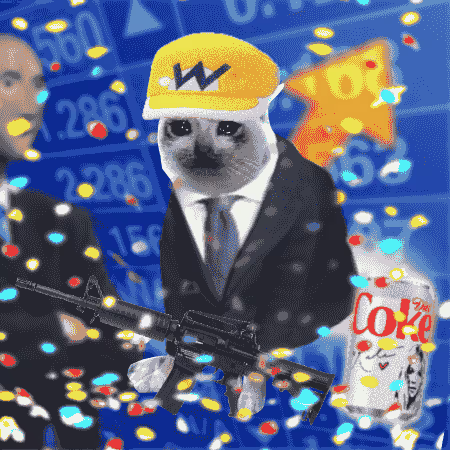 A humorous, surreal illustration shows a small dog in a suit and yellow hat holding an assault rifle, next to a Diet Coke can, set against a background of stock market numbers and confetti.