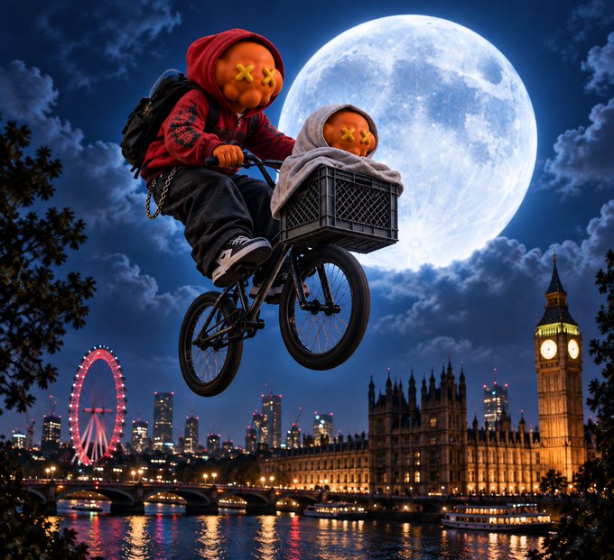 A digital artwork of two characters with 'X' eyes riding a BMX bike through the air, set against a backdrop of a full moon, the London Eye, and Big Ben.