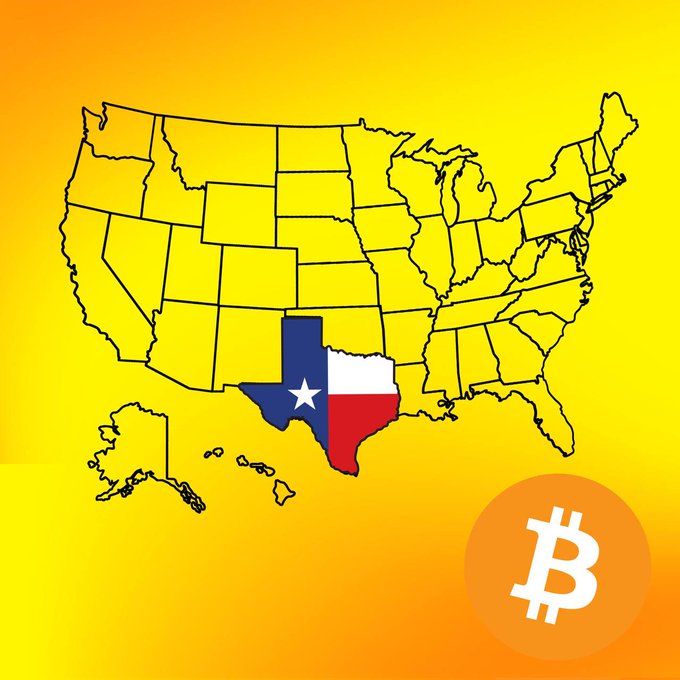 A yellow graphic showing a map of the United States with Texas highlighted in the colors of the Texas flag, accompanied by a Bitcoin symbol in the bottom right corner.