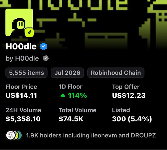 A digital asset listing shows 'HOOdle by HOOdle' collection with 5,555 items, a floor price of US$14.11 (up 114%), top offer of US$12.23, and 1.9K holders.