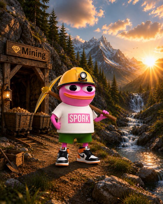 A 3D-rendered pink character wearing a yellow mining helmet, a 'SPORK' t-shirt, and holding a pickaxe stands in front of a mountain mining scene with a sign reading 'Mining'.
