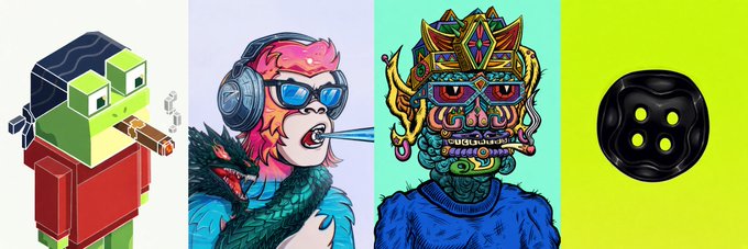 The image features four colorful NFT character artworks: a blocky green figure with a bow, a futuristic pink-haired person with goggles and headphones, an ornate masked character, and a black doll-like head with four neon-green eyes. It illustrates the post’s “Upcoming mints worth watching” spotlight for @playbandits, @PrimalsNFTx, @GalakticGangNFT, and @dollclubnft, with the message “Don’t sleep on these.”