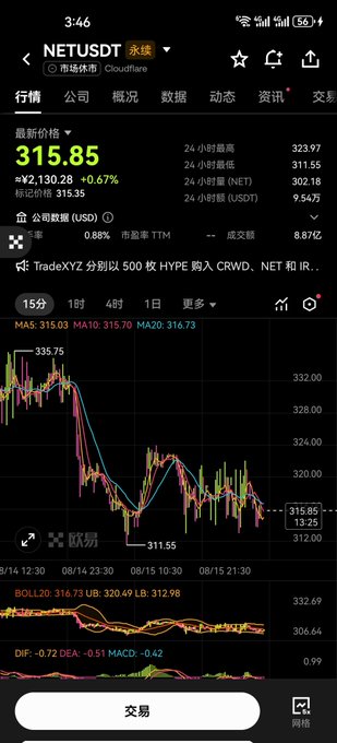 A mobile trading app screenshot showing NETUSDT (Cloudflare) stock at 315.85 USD, down 0.67% with a 24-hour high of 323.97 and low of 311.55, displaying a 15-minute candlestick chart with MA5, MA10, MA20 indicators and BOLL/DIF technical indicators.