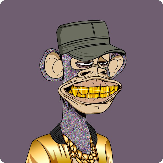 Digital illustration of a Bored Ape-style NFT character with a purple static-textured face, gold grillz, and a green cap.