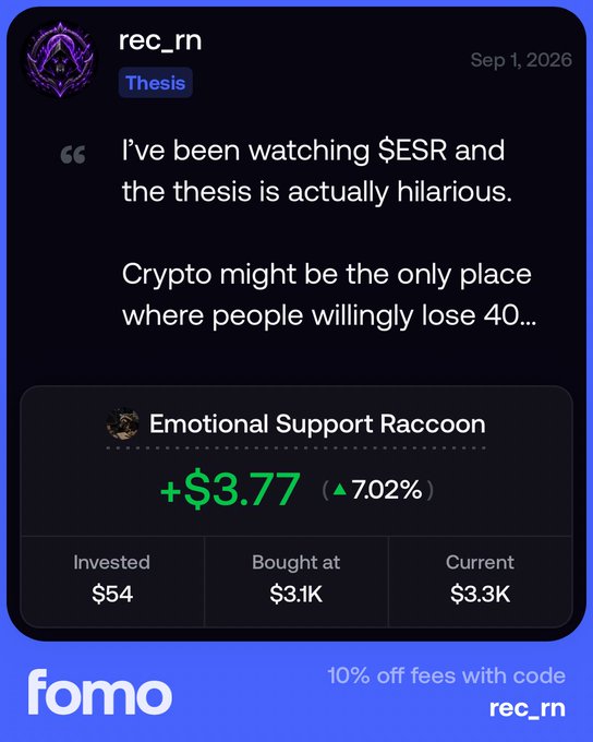 A social media post by user 'rec_rn' dated Sep 1, 2026, commenting on $ESR and noting that crypto is the only place where people willingly lose 40%, with a 'fomo' branded footer offering 10% off fees with code 'rec_rn'.