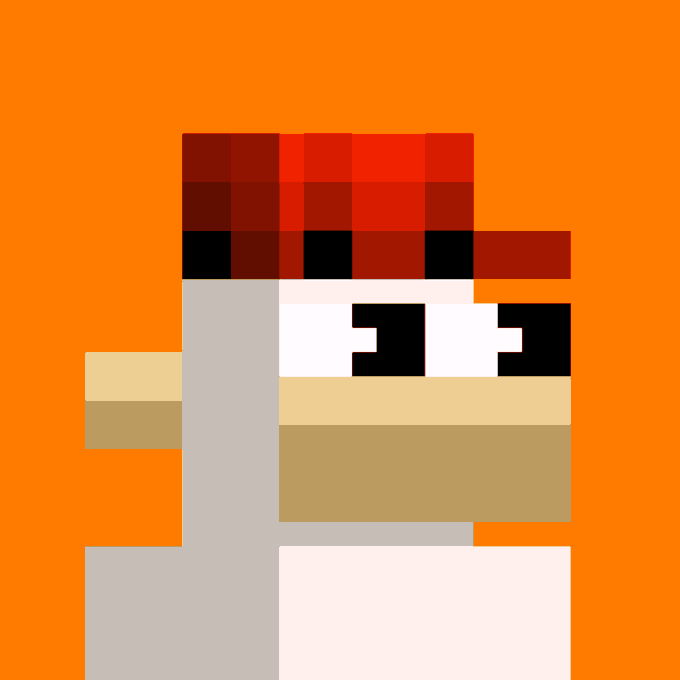 A pixel art image of a character resembling a miner/worker with a red helmet, blocky eyes, and tan/beige clothing against a solid orange background.
