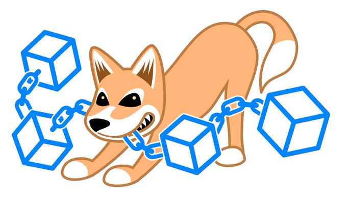 A cartoon logo features a smiling, tan Shiba Inu dog surrounded by blue chains and blue 3D cubes.