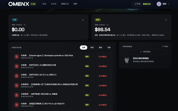 A screenshot of the OMENX betting platform dashboard in Chinese, showing account balances of $0.00 and $88.54, along with a transaction history of various sports bets costing -0.20 to -0.10 USD.