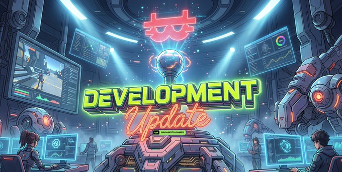 A vibrant, neon-styled digital illustration featuring a futuristic control room with robotic figures and monitors, prominently displaying the text 'DEVELOPMENT Update' in glowing yellow and red lettering.