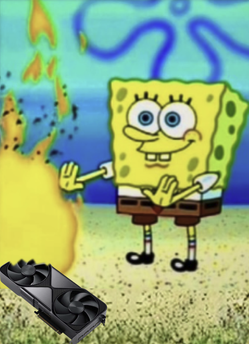 A SpongeBob SquarePants meme shows the character with a strained, meme-like expression, superimposed with a black graphics card GPU in the lower left corner.