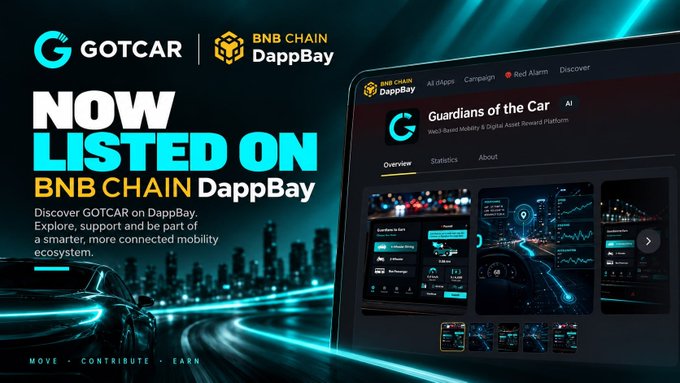 The promotional image announces that **GOTCAR** (Guardians of the Car) is now listed on **BNB Chain DappBay**, featuring the project logos and the tagline "MOVE • CONTRIBUTE • EARN." A stylized laptop display on the right showcases the GOTCAR DappBay listing page under the "AI dapps" category, highlighting its Web3-based mobility and digital asset reward platform interface. The design, with a sleek futuristic car and glowing cityscape backdrop, complements the post's call for users to discover, support, and review GOTCAR on DappBay to help grow the community-powered mobility ecosystem.