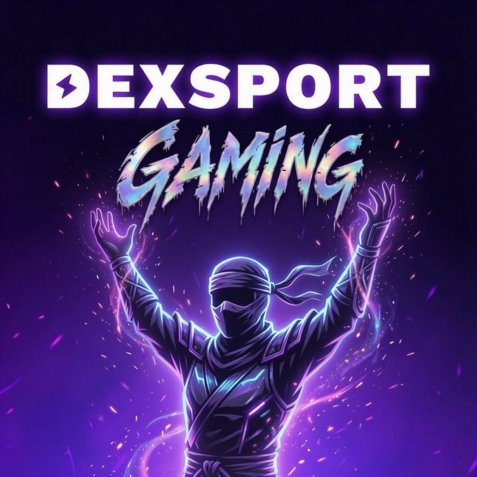 A neon-style graphic logo for 'DEXSPORT GAMING' featuring a hooded ninja character with glowing hands against a purple background.