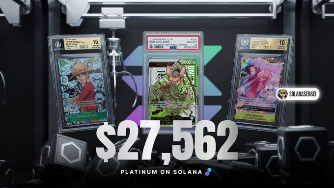 Three graded Beckett-10 cards—Monkey D. Luffy, Roronoa Zoro, and Boa Hancock—are displayed with a price tag of "$27,562 PLATINUM ON SOLANA," illustrating the impressive Pokémon and One Piece grails haul won during a single Beezie claw session using Solana.