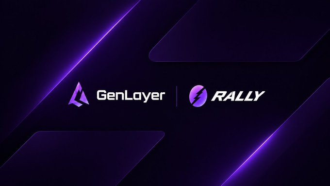 A promotional graphic on a purple geometric background featuring the logos and names 'GenLayer' and 'RALLY' separated by a divider.