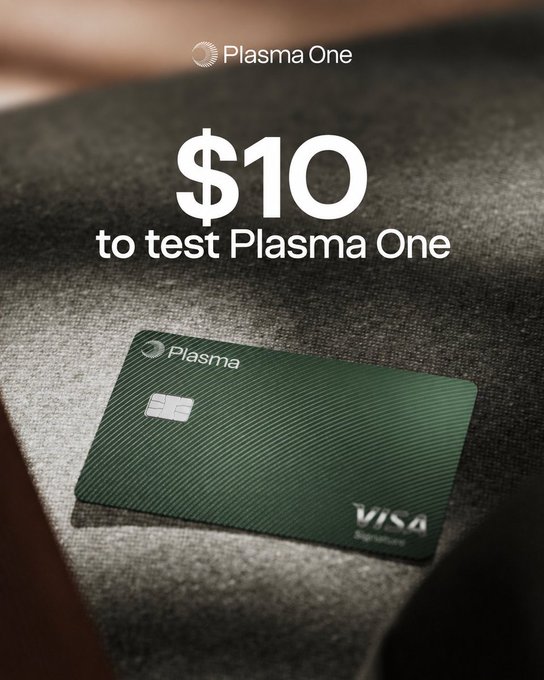 An advertisement for 'Plasma One' offering '$10 to test Plasma One,' featuring a green Plasma Visa debit card on a textured surface.
