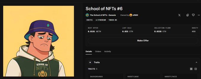 An NFT marketplace listing for 'School of NFTs #6' by The School of NFTs - Genesis, showing a sad cartoon character in a purple bucket hat, with a best offer of 0.0191 ETH and rarity #99.