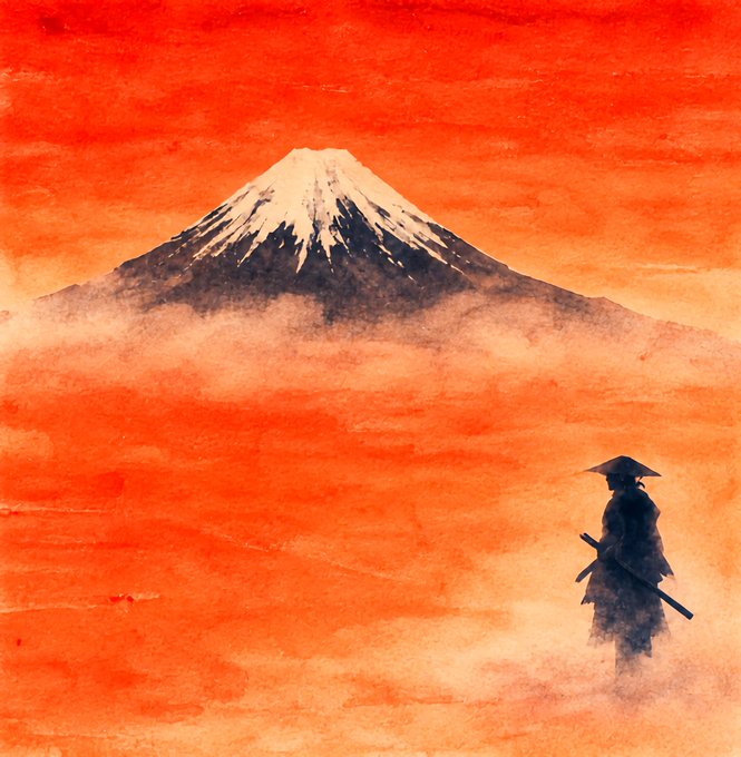 A watercolor painting showing a snow-capped Mount Fuji under a vibrant red sky, with a lone samurai wearing a conical hat and carrying a sword standing in the foreground.