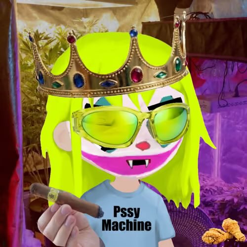 A digital artwork of a character with neon green hair wearing a jeweled crown, sunglasses, and a shirt reading 'Pssy Machine' while holding a cigar.