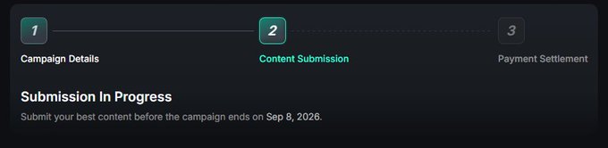 The image displays a multi-step progress tracker for a campaign, highlighting "Step 2: Content Submission" with the message "Submission In Progress" and noting a deadline of "Sep 8, 2026." This relates to the accompanying post by showing that participants in the Primus Labs campaign are currently in the content submission phase, where they're encouraged to create quality content before the campaign ends to win their share of the $8 USDC prize.