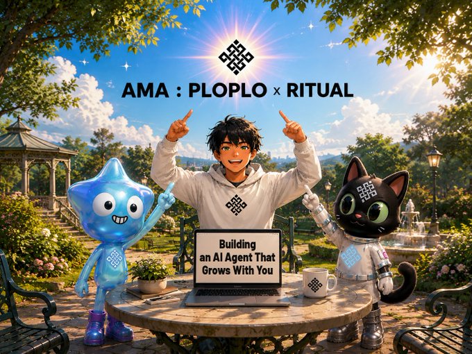 A vibrant promotional image for "AMA: PLOPLO x RITUAL" features a young person in a white hoodie with raised arms, flanked by a blue star-shaped character and a black cat mascot in a sunny garden setting, while a laptop displays the text "Building an AI Agent That Grows With You," directly tying into the announcement of the upcoming AMA event between the two projects.