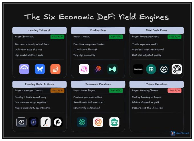 An infographic titled 'The Six Economic DeFi Yield Engines' displaying six categories: Lending Interest (Sushi, Morpho, dYdX), Trading Fees (Trader Joe, etc.), RWA Cash Flows (Blackrock, etc.), Funding Rate & Basis, Insurance Premiums, and Token Emissions, with a 'Sketched' logo in the corner.