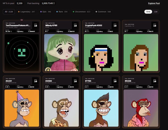 A screenshot of a digital NFT pool showing 2,120 NFTs with 1,000,714$ in pool backing, featuring a grid of various digital art pieces including pixelated characters, monkeys, and cartoon portraits categorized as Legendary, Epic, Rare, Uncommon, and Common.