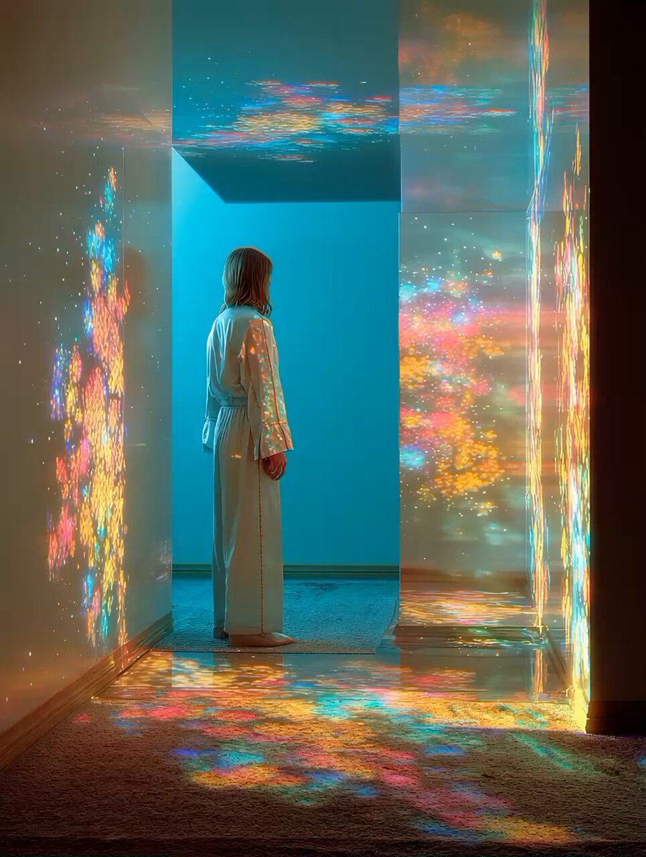 The image features a woman standing in front of a wall with colorful light reflections, creating an artistic and unique atmosphere. The woman appears to be wearing a white dress, which contrasts with the vibrant colors around her. She seems to be looking at something on the other side of the room or admiring the artwork created by the light reflections.