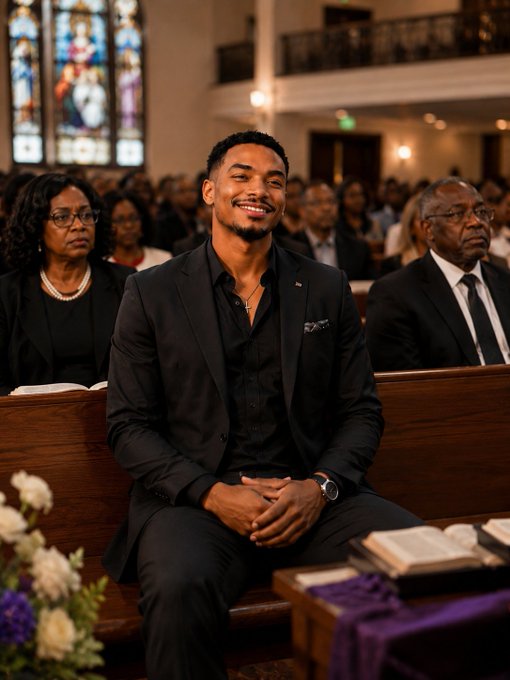A smiling young man in a black suit sitting on a wooden church pew, with other formally dressed attendees and stained glass windows visible behind him.