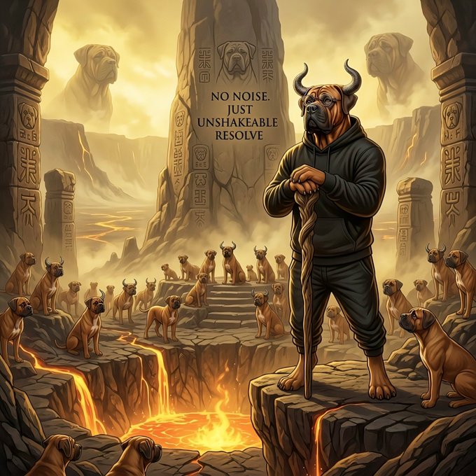A stoic boxer dog with horns stands atop a rocky outcrop among a pack of similarly horned dogs and ancient stone carvings of bulldogs, with the text "NO NOISE. JUST UNSHAKEABLE RESOLVE" inscribed on a central pillar surrounded by flowing lava, embodying the post's message of quiet strength and unwavering loyalty behind the $TOSA token.