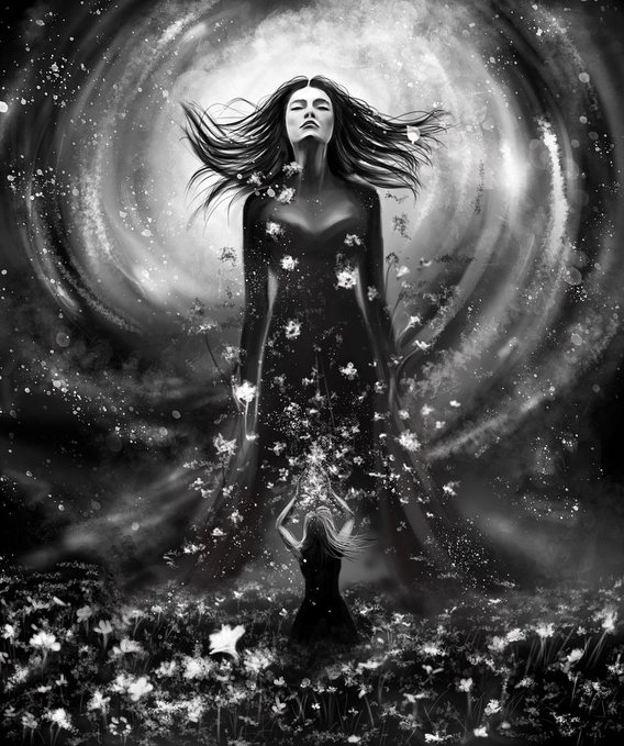 A black and white fantasy illustration featuring a towering ethereal woman with flowing hair standing in a field of flowers, with a smaller figure reaching up toward her against a swirling cosmic background.