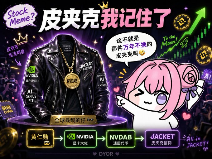 A colorful meme featuring a leather jacket with NVIDIA and NVDAB logos, a pink-haired anime character, and Chinese text including '皮夹克我记住了' (I remember the leather jacket) along with references to Jensen Huang ('黄仁勋') and '皮夹克信仰' (leather jacket faith).