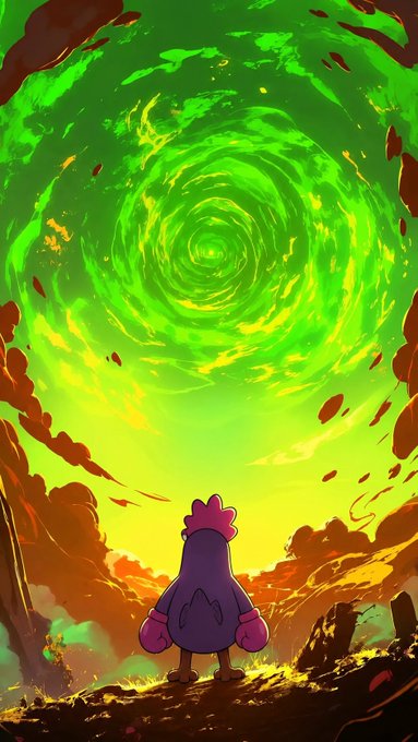 An anime-style illustration depicts a small bird-like character facing a massive swirling green energy vortex in the sky.