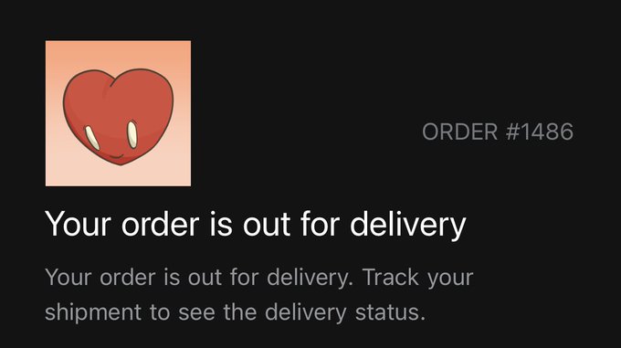 Order #1486 status notification from DoorDash showing 'Your order is out for delivery' next to a red heart mascot character.