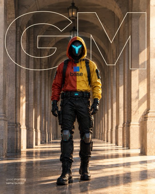 A stylized fashion illustration of a person in a red and yellow hoodie with 'base' text and a blue-lit helmet/mask, standing in a grand arched corridor with 'good morning same builder' text.