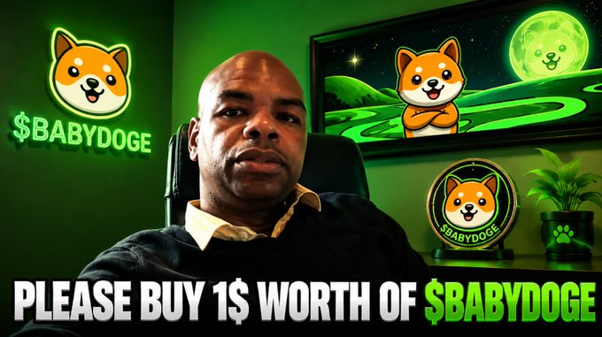 A man sits in a chair in front of green-lit $BABYDOGE branding and a Shiba Inu logo, with text at the bottom reading 'PLEASE BUY 1$ WORTH OF $BABYDOGE'.