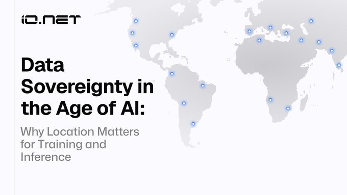 A promotional graphic for io.net features a world map dotted with blue location markers and the headline "Data Sovereignty in the Age of AI: Why Location Matters for Training and Inference," visually reinforcing the blog post's message that geographically distributed GPU resources are essential for cost-efficient AI training rather than compliance alone.
