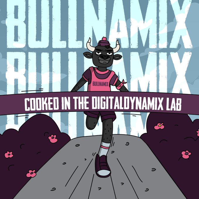 An animated promotional graphic featuring a bull character running, with bold text reading 'BULLNAMIX' and a banner stating 'COOKED IN THE DIGITALDYNAMIC LAB.'
