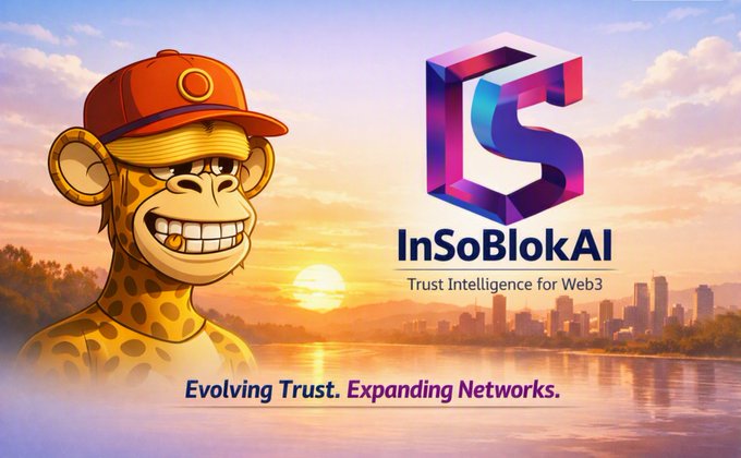 Promotional graphic for "InSoBlokAI - Trust Intelligence for Web3" featuring a cartoon giraffe in a red cap and the tagline "Evolving Trust. Expanding Networks."