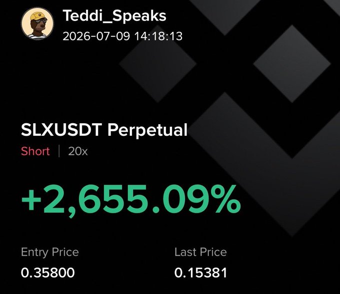 A trading screenshot by Teddi_Speaks showing a short position on SLXUSDT Perpetual with 20x leverage that yielded +2,655.09% profit, with the entry price at 0.35800 dropping to a last price of 0.15381. This visually supports the post's claim of profiting from shorting SLX ("claimed my stimmy") before stepping away from the market.