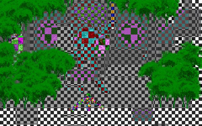 A psychedelic digital landscape featuring vibrant green trees, colorful geometric blocks, and extensive black-and-white checkered patterns creating a surreal, distorted environment.