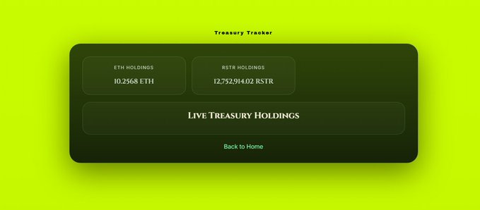A Treasury Tracker dashboard displayed on a green background shows ETH holdings of 10.2568 ETH and RSTR holdings of 12,752,914.02 RSTR, with a "Live Treasury Holdings" section, illustrating the underlying assets backing what appears to be the first investment DAO on Robinhood mentioned in the post.