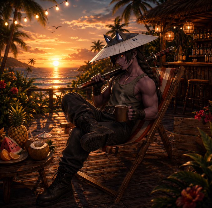A digital illustration of a muscular character with cat ears wearing a conical hat, sitting in a beach chair at sunset while drinking from a flask.