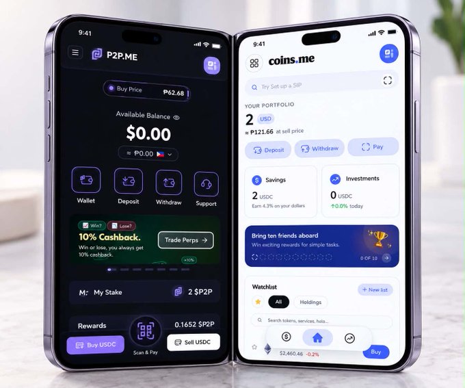 Two smartphones display cryptocurrency apps side by side: P2P.ME showing a Buy Price of ₽62.68, an Available Balance of $0.00, and options to Buy or Sell USDC; and coins.me showing a portfolio valued at ₽121.66 with options for Deposit, Withdraw, and Pay.