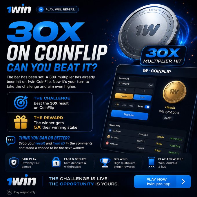 A promotional advertisement for 1win CoinFlip featuring a 30X multiplier challenge, with text reading "30X ON COINFLIP CAN YOU BEAT IT?" and "PLAY NOW 1win-pro.app".