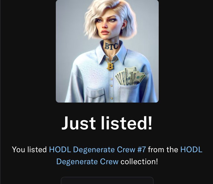 The image features a woman with blonde hair wearing a white shirt, standing against a black background. She has a necklace around her neck that includes a Bitcoin symbol. The image also contains text that reads "Just listed! #btc #nft Listed for Sale." This suggests that the woman is selling Bitcoins or other digital assets on an online marketplace.