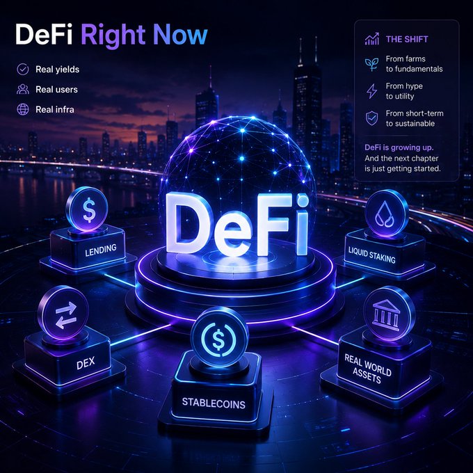 A futuristic DeFi infographic displays 'DeFi Right Now' with pillars for Lending, DEX, Stablecoins, Liquid Staking, and Real World Assets, alongside 'Real yields, Real users, Real infra' and a 'THE SHIFT' sidebar.