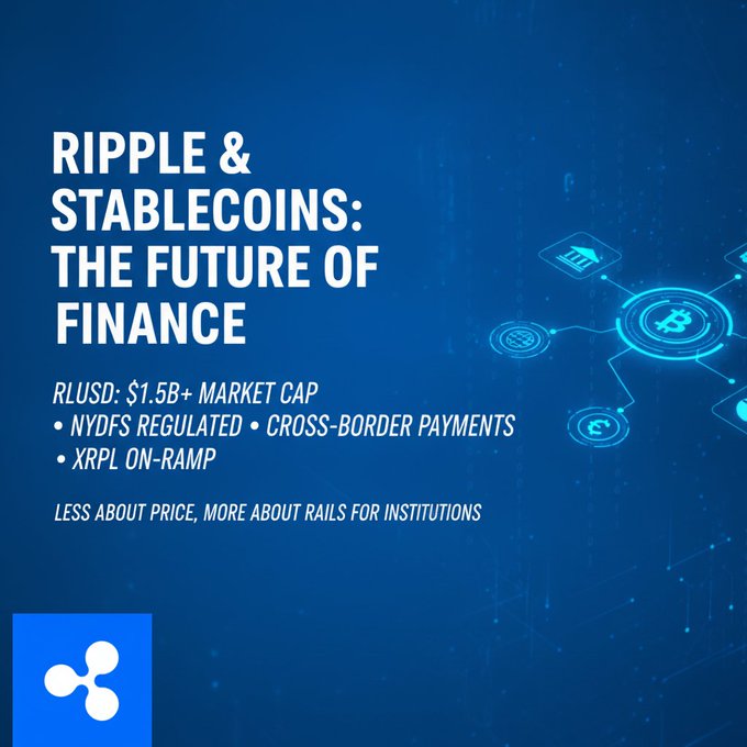 The image features a blue background with white text that reads "Ripple & Stablecoins: The Future of Finance" at the top. Below this title, there are three bullet points explaining the role stablecoins play in the future of finance. These bullet points include information about the market cap of stablecoins, their regulation by NYDFS, and how they can be used for cross-border payments.